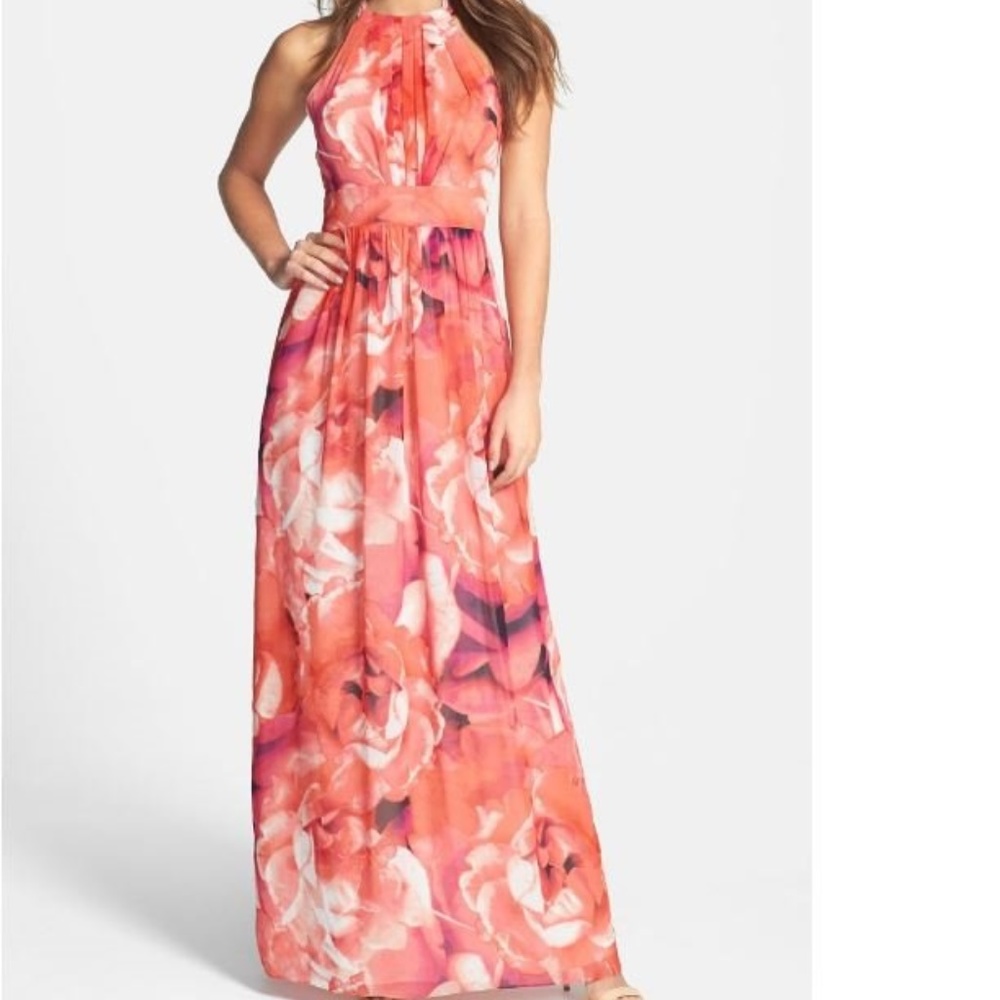 Eliza J Floral Print Chiffon Halter Maxi Dress